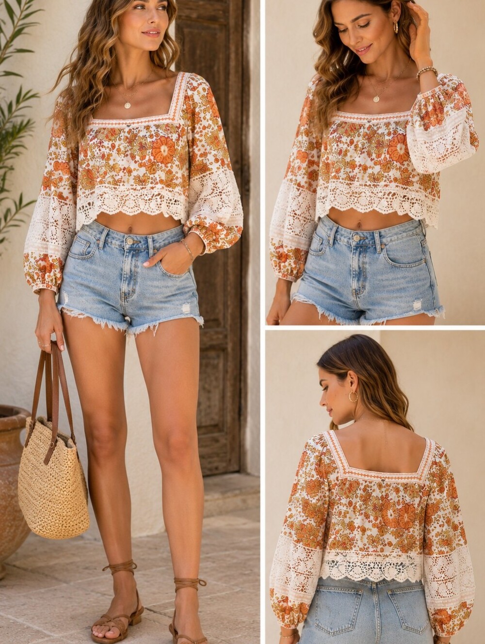 A-136 Rachel Zoe NWT Cropped Boho Floral Lace Trim Peasant Top XS